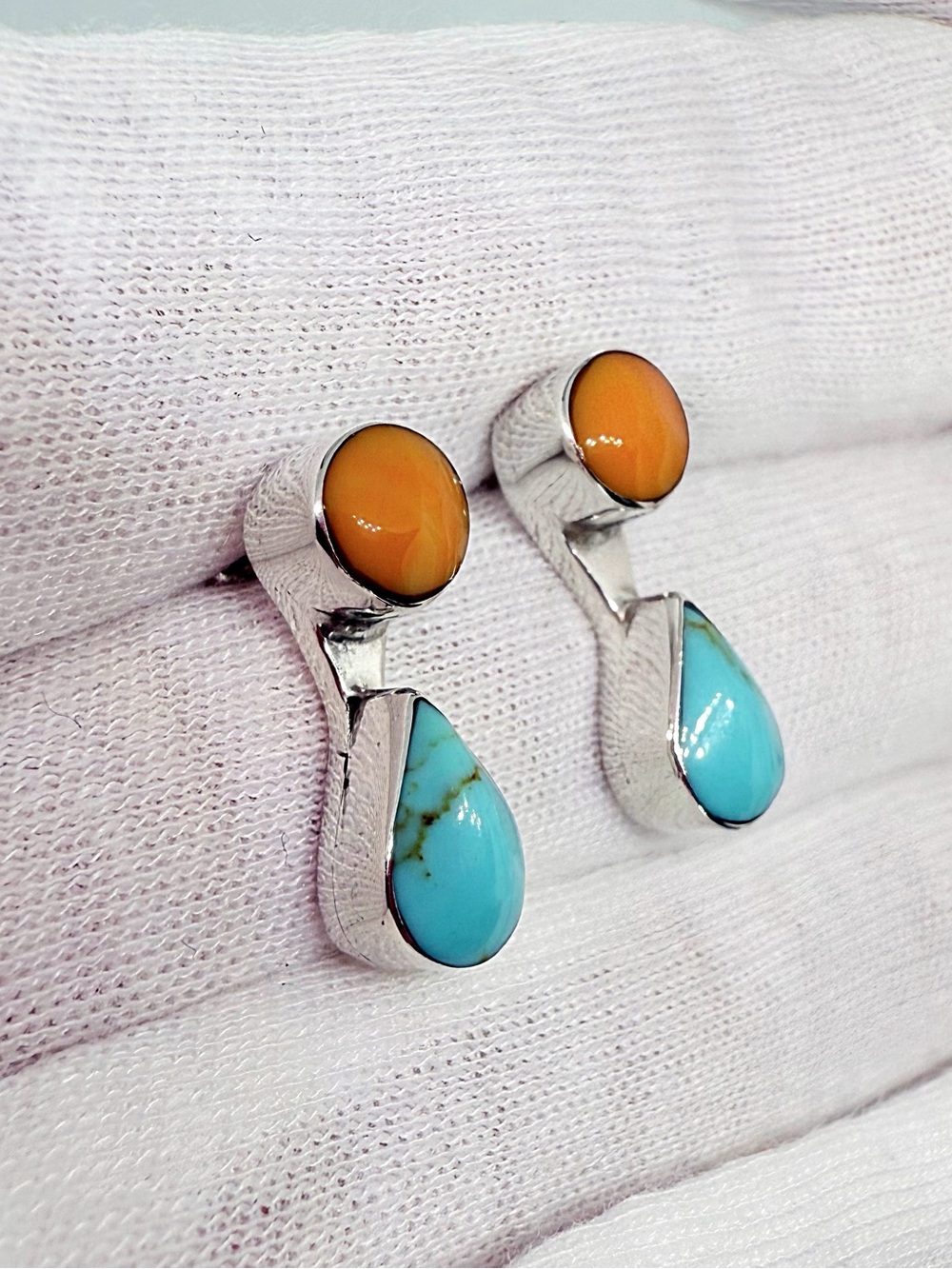 Native American Sterling Silver Teardrop Turquoise & Orange Coral Drop Earrings - Picture 5 of 12